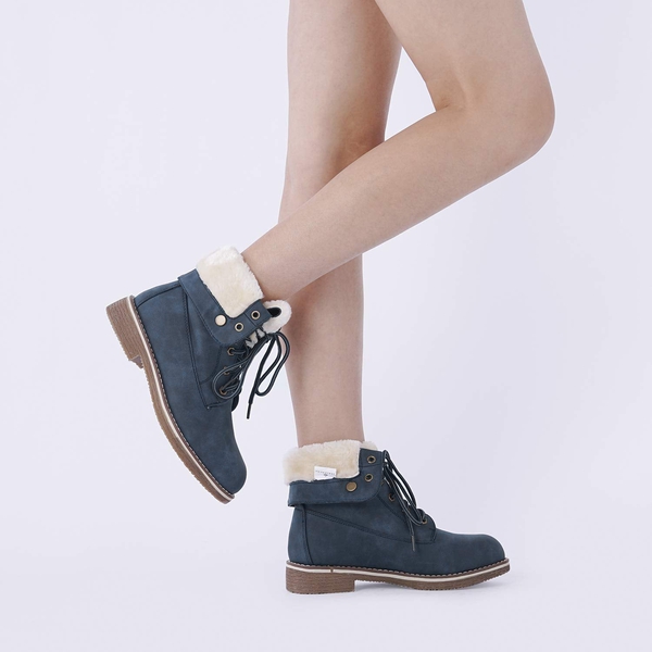Fur Lined Lace Up Combat Ankle Boots - DARK BLUE - 1